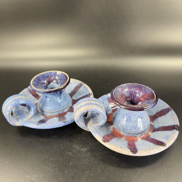 Hand Made Studio Art Pottery Candle Stick Holder Set 2 Multicolor Drop Glaze VTG - Picture 13 of 15